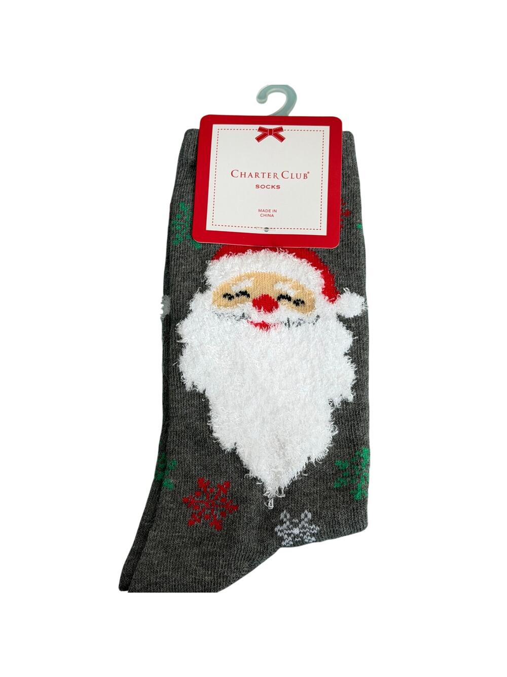 Charter Club Women's Holiday Crew Socks - Santa and Snowflakes on Grey Socks